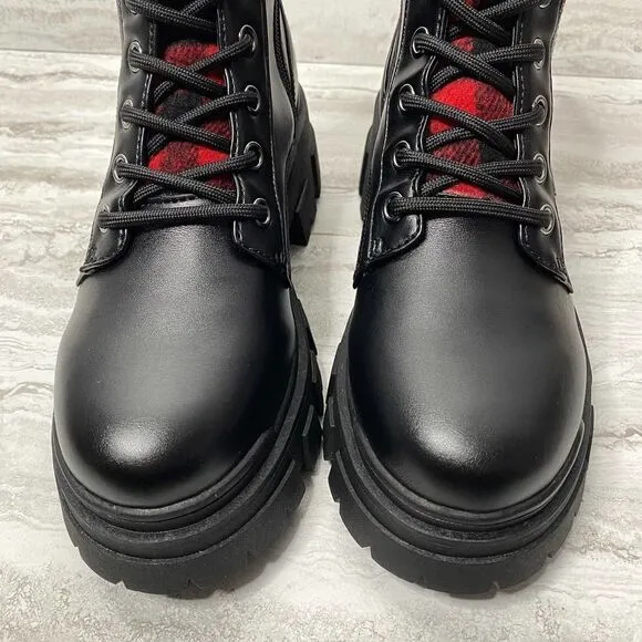 Marc Fisher Aboli Plaid Trimmed Boots Lug Sole Lace-Up Hiker Booties Black