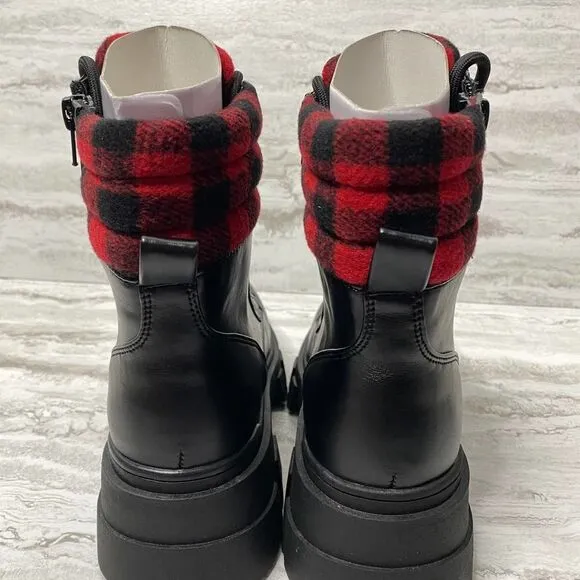 Marc Fisher Aboli Plaid Trimmed Boots Lug Sole Lace-Up Hiker Booties Black