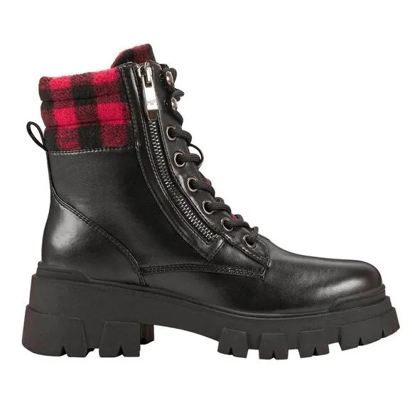 Marc Fisher Aboli Plaid Trimmed Boots Lug Sole Lace-Up Hiker Booties Black
