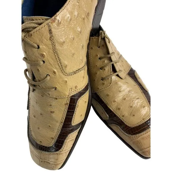 Marco Vicci Size 10 Croc Ostrich Barnet Leather Dress Shoes Tan Brown Mens 6297