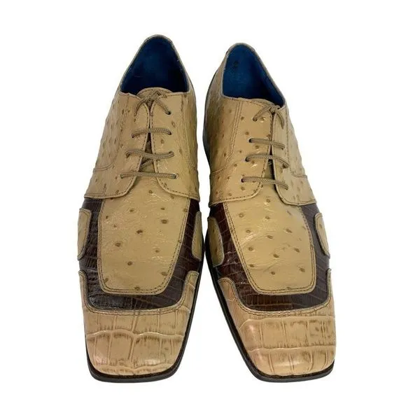 Marco Vicci Size 10 Croc Ostrich Barnet Leather Dress Shoes Tan Brown Mens 6297