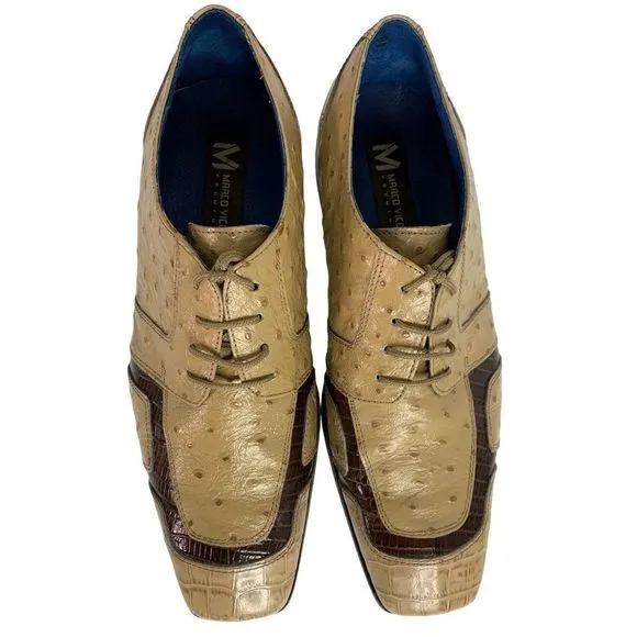 Marco Vicci Size 10 Croc Ostrich Barnet Leather Dress Shoes Tan Brown Mens 6297