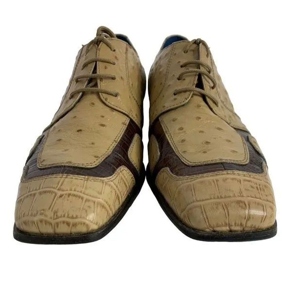 Marco Vicci Size 10 Croc Ostrich Barnet Leather Dress Shoes Tan Brown Mens 6297