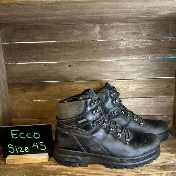 Mens Ecco Rugged Trek Black Leather Waterproof Ankle Boots Size 45‎ US 11-11.5 M