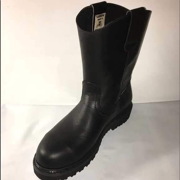 Men's Work Boots Pull On Leather Black STEEL TOE Bota Trabajo Casquillo Acero
