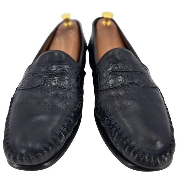 Mezlan Exotic Crocodile and Calf Leather Moc Penny Loafers Mens 10.5 Dress Shoes