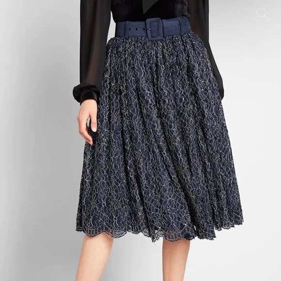 MODCLOTH x Collectif Metallic Lace Midi Flowy Skirt Belted waist Sml NWT