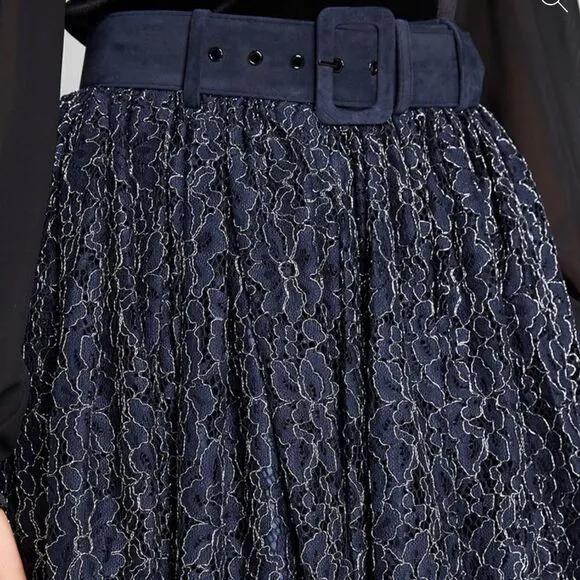 MODCLOTH x Collectif Metallic Lace Midi Flowy Skirt Belted waist Sml NWT