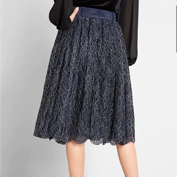 MODCLOTH x Collectif Metallic Lace Midi Flowy Skirt Belted waist Sml NWT