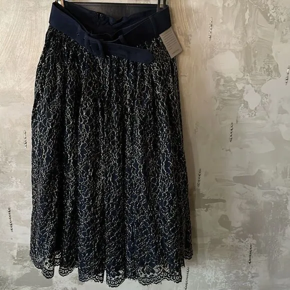 MODCLOTH x Collectif Metallic Lace Midi Flowy Skirt Belted waist Sml NWT