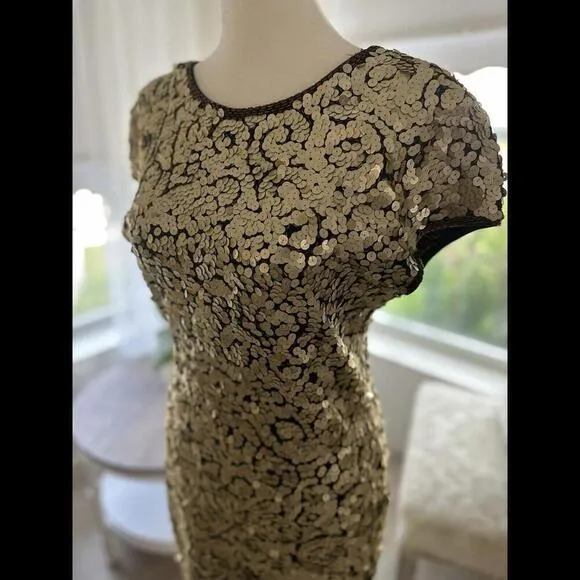 Morgan Taylor Gold Sequin Swirls V Back Party Dress Holidays Dress NYE