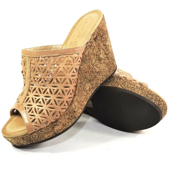 MOT-CLE 🇮🇹 WOMEN'S BROWN SOFT LEATHER COMFORT WEDGE SUMMER MULES