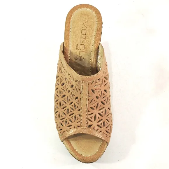 MOT-CLE 🇮🇹 WOMEN'S BROWN SOFT LEATHER COMFORT WEDGE SUMMER MULES