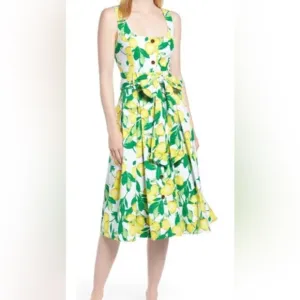 New 1901 Belted Lemons and Leaves Pleated Midi Dress Women’s Size 12