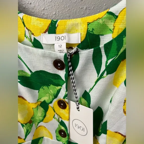 New 1901 Belted Lemons and Leaves Pleated Midi Dress Women’s Size 12