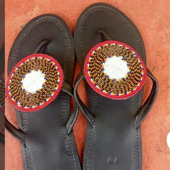 NEW BOHEMIAN HAND CRAFTED GENUINE LEATHER BEADED SANDALS SHOES SIZE 11.5-12