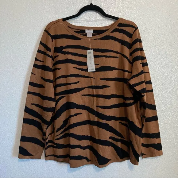 New Chicos Tiger Stripe Textured Bateau-Neck Heavy Sweater Top 4/XXL