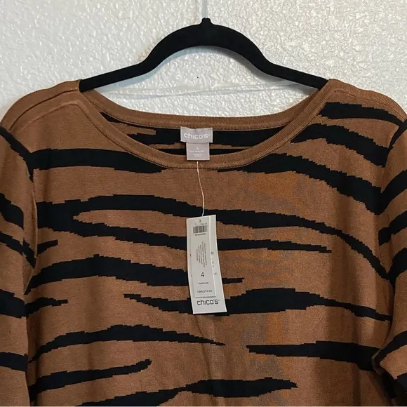 New Chicos Tiger Stripe Textured Bateau-Neck Heavy Sweater Top 4/XXL