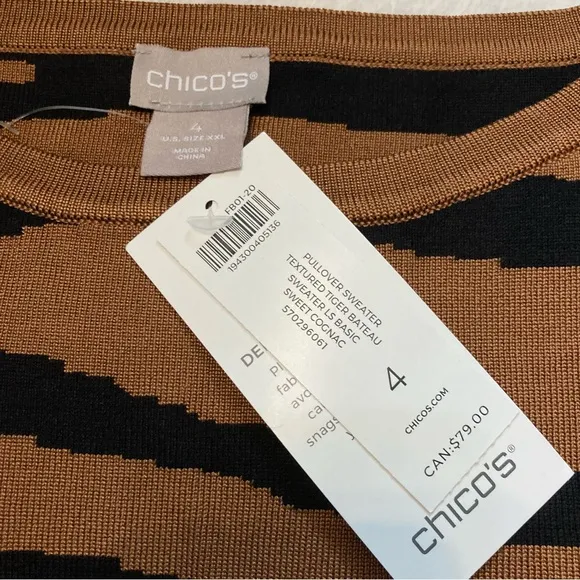 New Chicos Tiger Stripe Textured Bateau-Neck Heavy Sweater Top 4/XXL