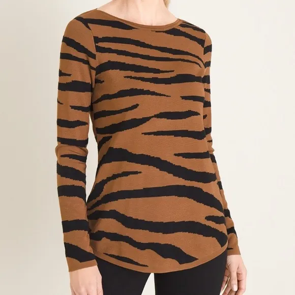 New Chicos Tiger Stripe Textured Bateau-Neck Heavy Sweater Top 4/XXL