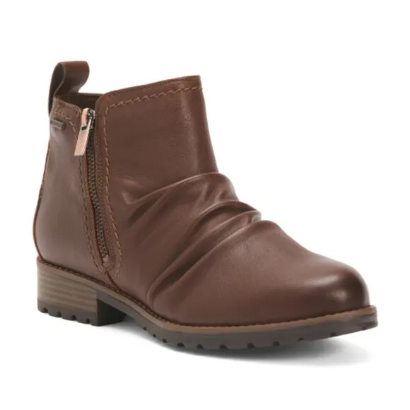 NEW CLARKS Leather Aspra Walk Waterproof Zip Booties british tan for women 367tn