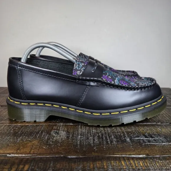 NEW Dr Martens Penton Womens Size 10 Leather Floral Platform Penny Loafers Black