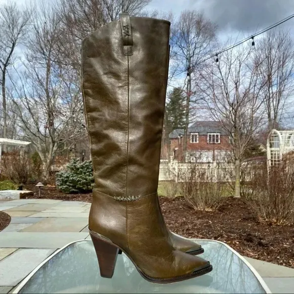 New Free People Stevie Boot Leather Shoes Tall Heeled Western Green Point Steel