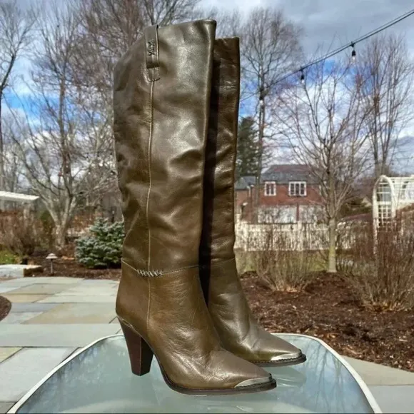 New Free People Stevie Boot Leather Shoes Tall Heeled Western Green Point Steel