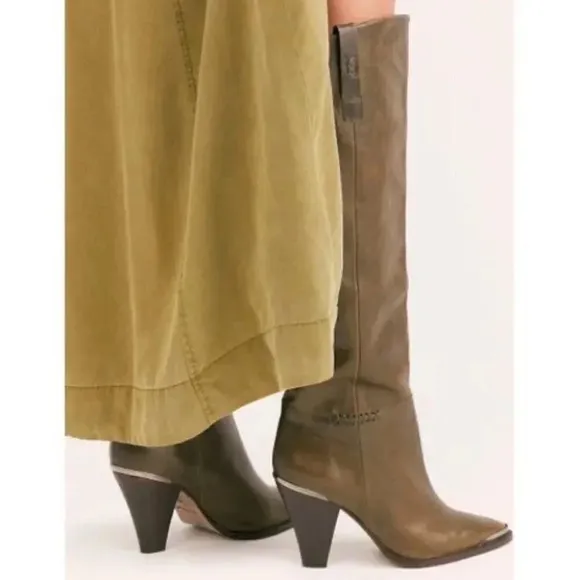 New Free People Stevie Boot Leather Shoes Tall Heeled Western Green Point Steel