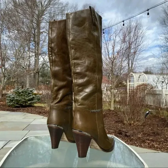New Free People Stevie Boot Leather Shoes Tall Heeled Western Green Point Steel