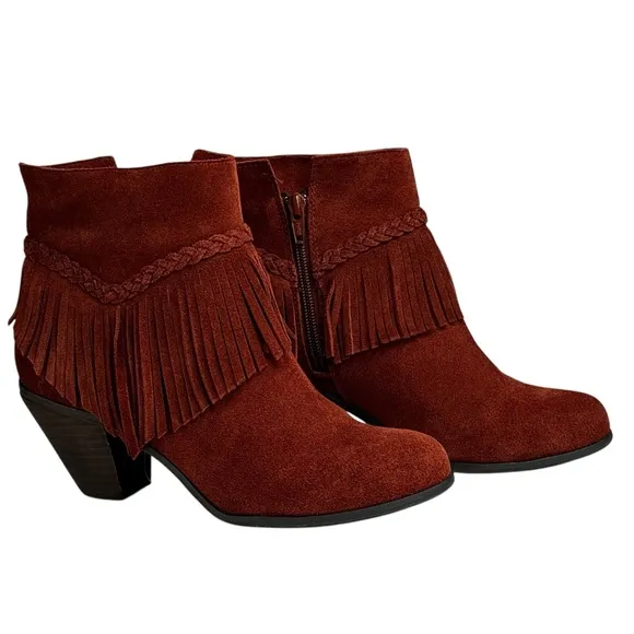 New Gianni Bini Women's Suede Fringe 3” Heeled Ankle Boots Rust Side Zip Size 7