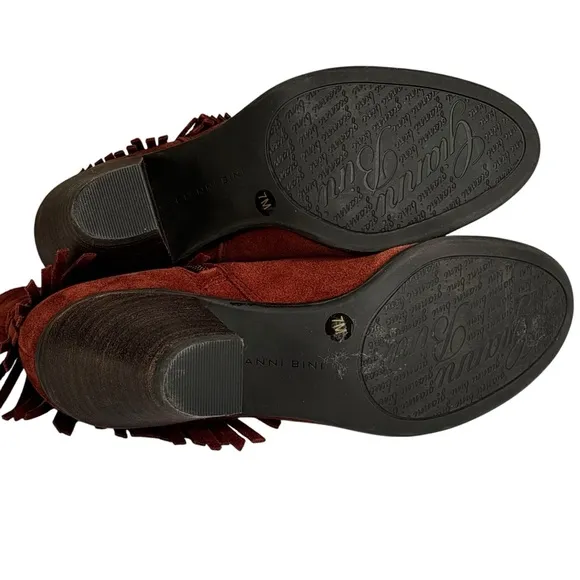 New Gianni Bini Women's Suede Fringe 3” Heeled Ankle Boots Rust Side Zip Size 7