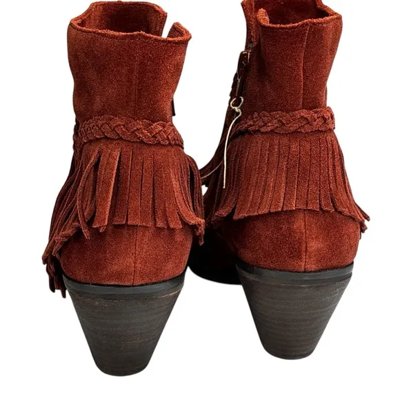New Gianni Bini Women's Suede Fringe 3” Heeled Ankle Boots Rust Side Zip Size 7