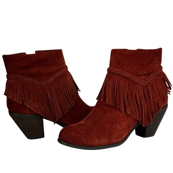 New Gianni Bini Women's Suede Fringe 3” Heeled Ankle Boots Rust Side Zip Size 7