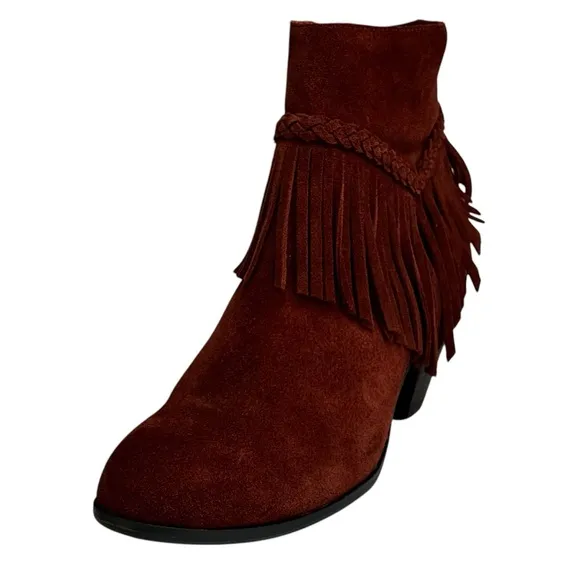 New Gianni Bini Women's Suede Fringe 3” Heeled Ankle Boots Rust Side Zip Size 7