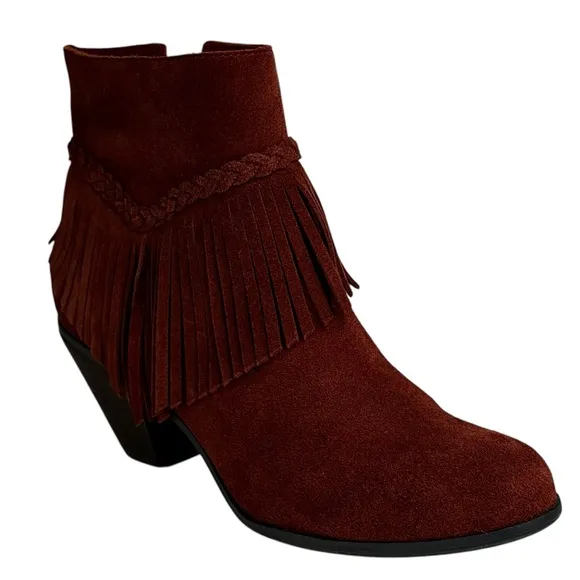 New Gianni Bini Women's Suede Fringe 3” Heeled Ankle Boots Rust Side Zip Size 7