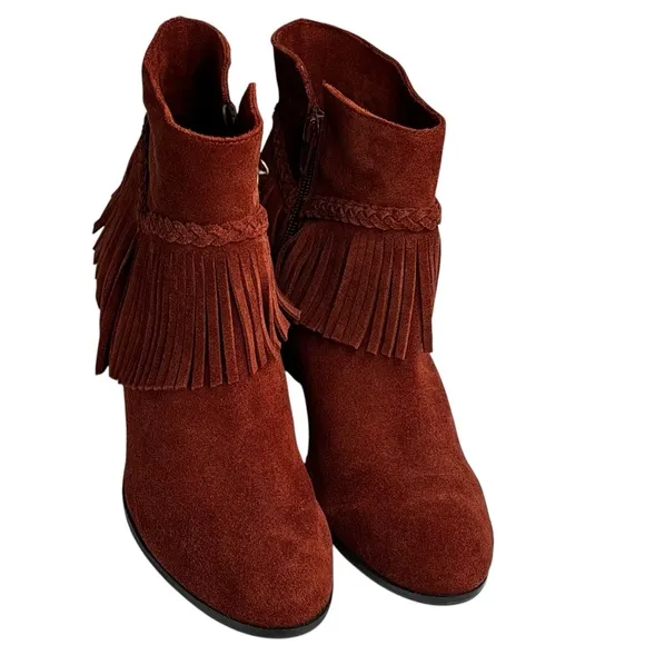 New Gianni Bini Women's Suede Fringe 3” Heeled Ankle Boots Rust Side Zip Size 7