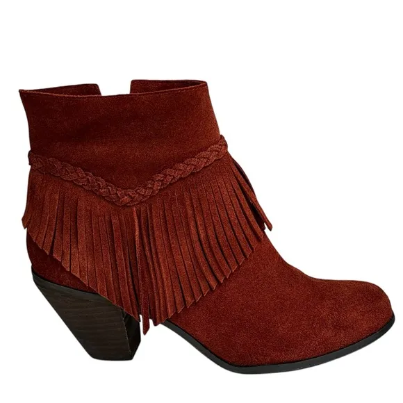 New Gianni Bini Women's Suede Fringe 3” Heeled Ankle Boots Rust Side Zip Size 7