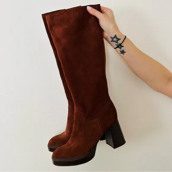 New Naturalizer Ona Suede Leather Wide Calf Brown Block Heel Knee-High Boots