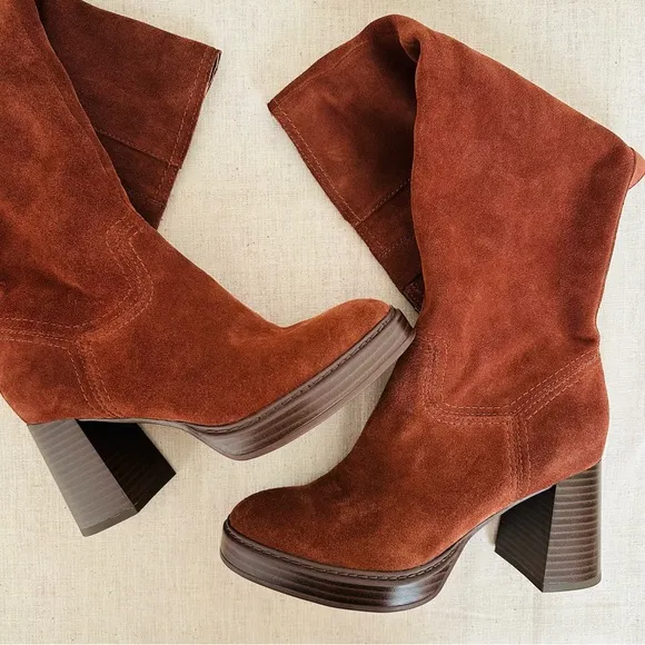 New Naturalizer Ona Suede Leather Wide Calf Brown Block Heel Knee-High Boots