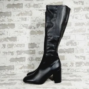 New Steve Madden Lizah Black Faux Leather Block Heel Knee High Boots O442