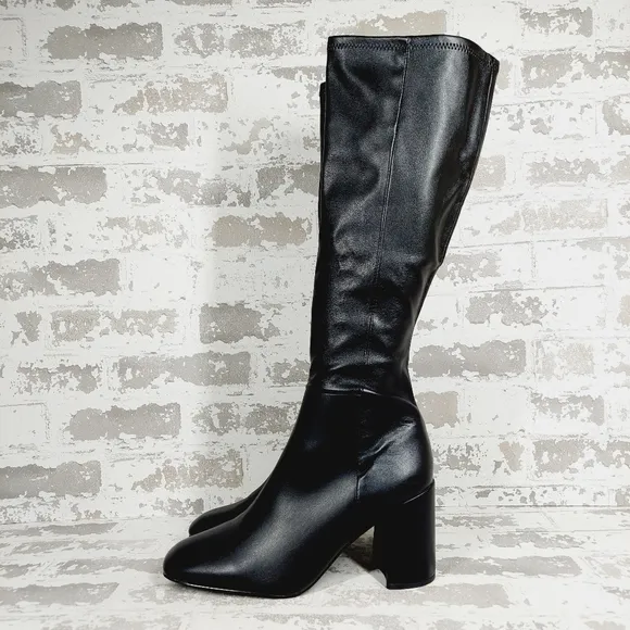 New Steve Madden Lizah Black Faux Leather Block Heel Knee High Boots O442
