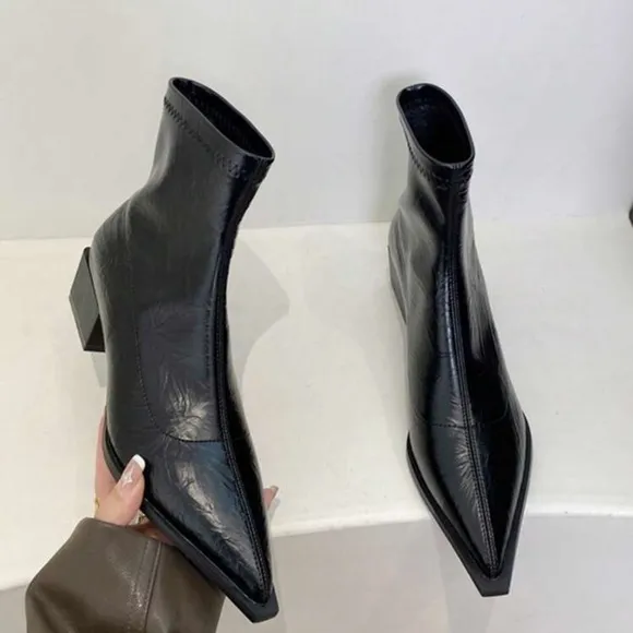New Women Short Pointed Toe Boots, Trendy Thick Heel Slim Ankle Boots,