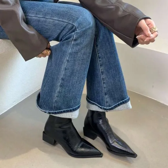 New Women Short Pointed Toe Boots, Trendy Thick Heel Slim Ankle Boots,