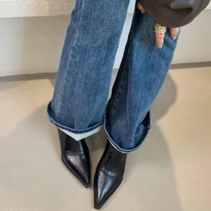 New Women Short Pointed Toe Boots, Trendy Thick Heel Slim Ankle Boots,
