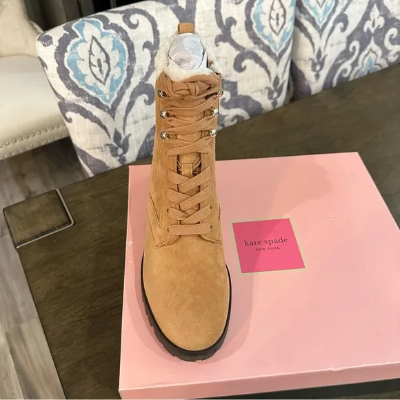 NIB Kate Spade New York Shearling Lined Lug Sole Suede Boots Tan 6, 6.5, 7.5, 10