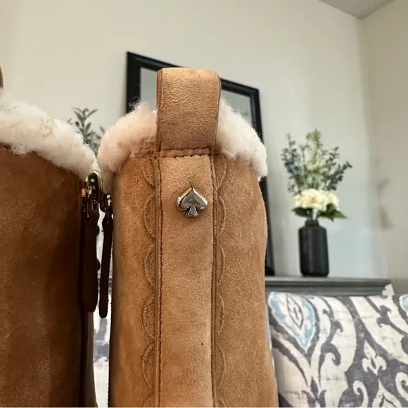 NIB Kate Spade New York Shearling Lined Lug Sole Suede Boots Tan 6, 6.5, 7.5, 10