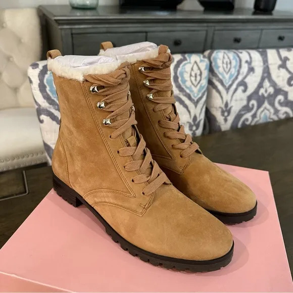 NIB Kate Spade New York Shearling Lined Lug Sole Suede Boots Tan 6, 6.5, 7.5, 10