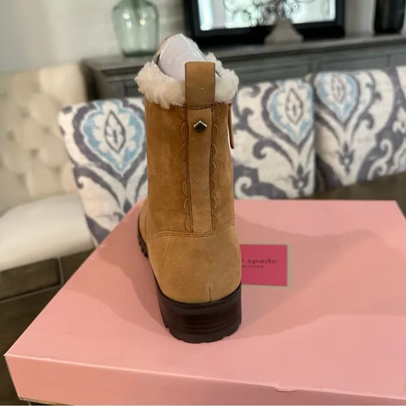 NIB Kate Spade New York Shearling Lined Lug Sole Suede Boots Tan 6, 6.5, 7.5, 10