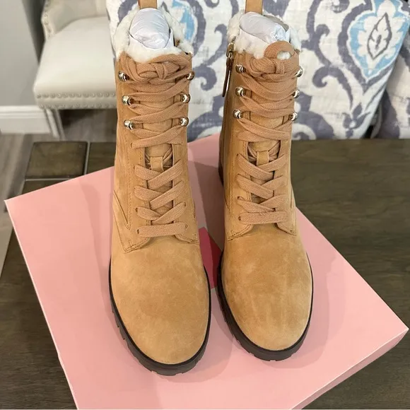 NIB Kate Spade New York Shearling Lined Lug Sole Suede Boots Tan 6, 6.5, 7.5, 10